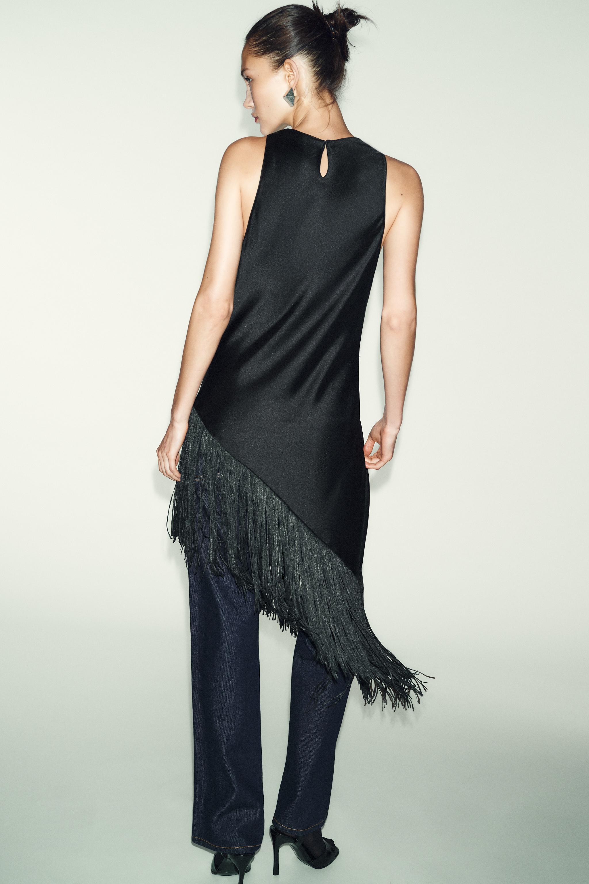 FLOWY SATIN EFFECT FRINGED TOP